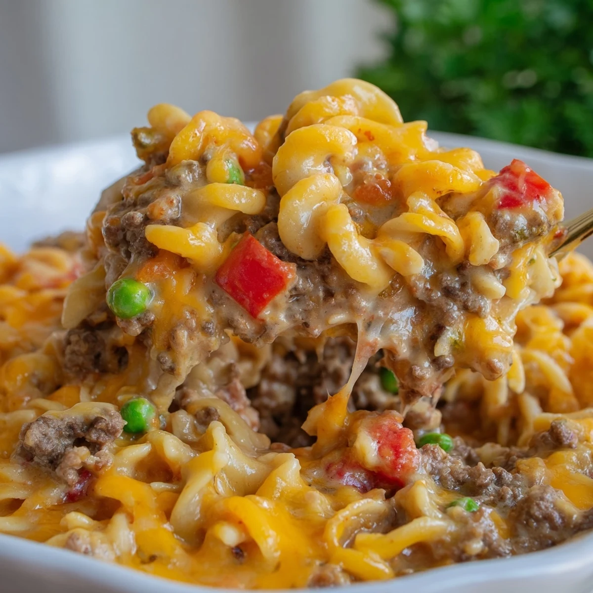 Creamy cheesy beef and noodle casserole with tender egg noodles in a savory beef sauce
