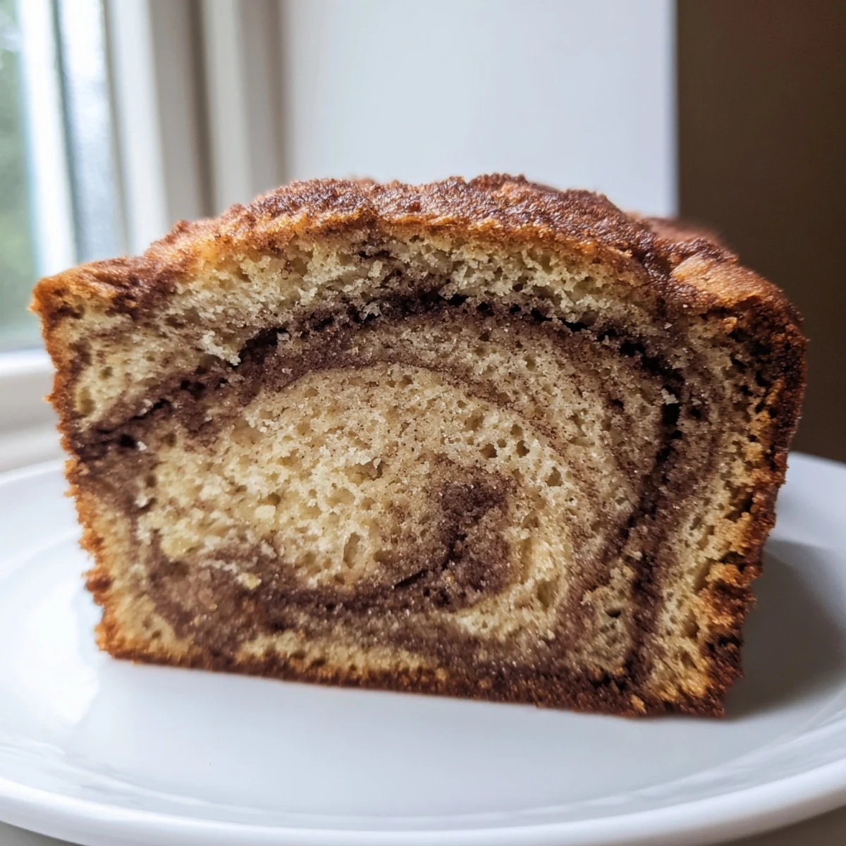 Golden Cinnamon Sugar Swirl Banana Bread sliced thick on a rustic wooden cutting board
