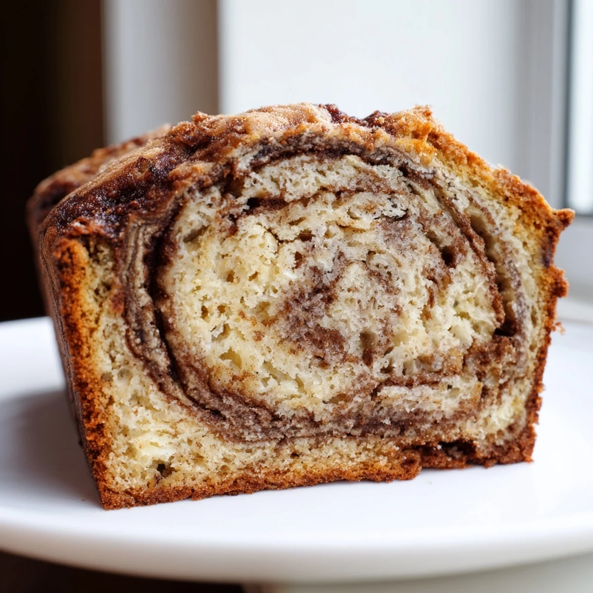 Moist Cinnamon Sugar Swirl Banana Bread with marbled cinnamon ribbons ready to serve