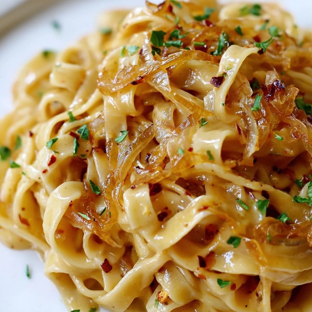 Creamy Sweet Heat Caramelized Onion Fettuccine topped with fresh parsley and Parmesan cheese