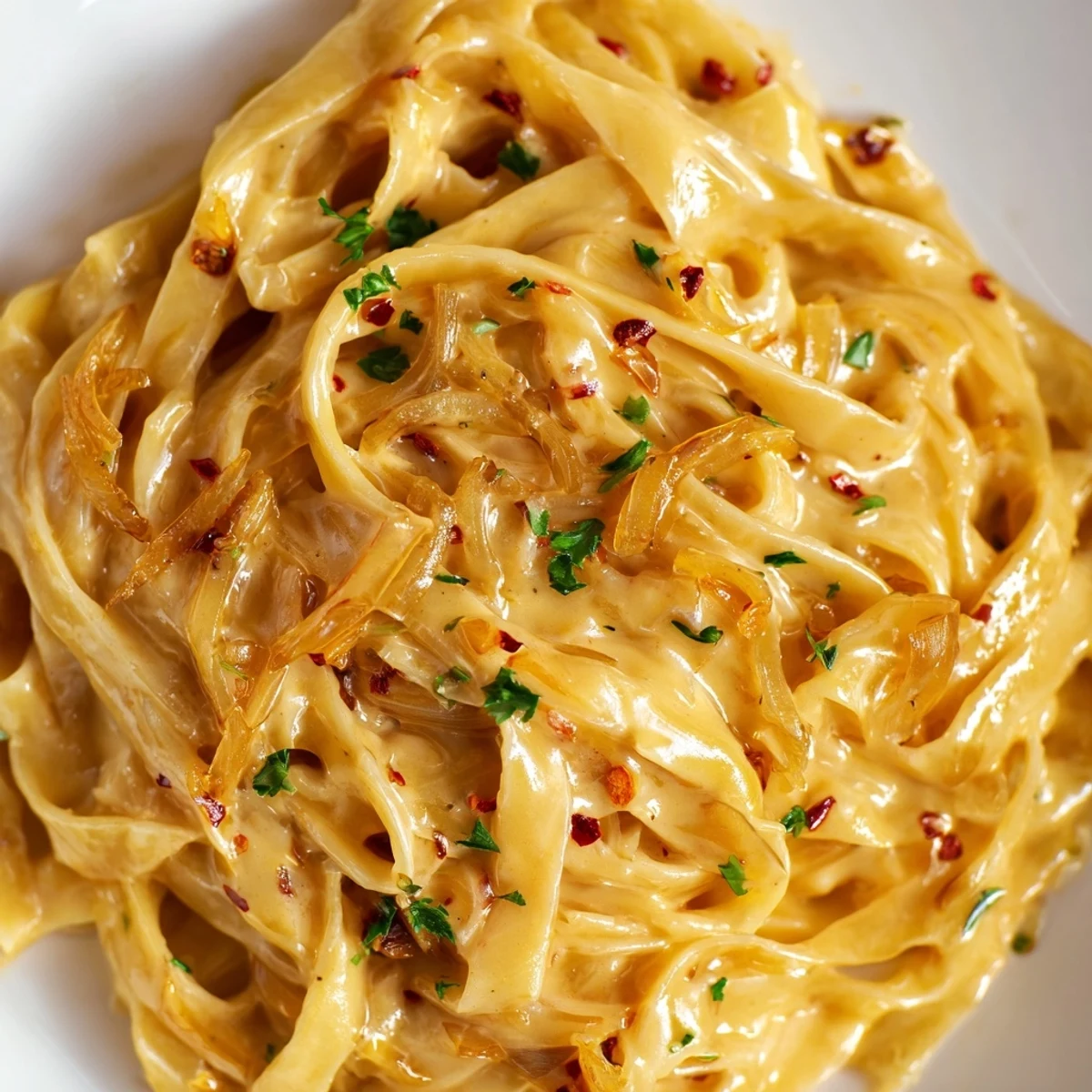 Golden caramelized onions coat Sweet Heat Caramelized Onion Fettuccine in a creamy, spicy sauce