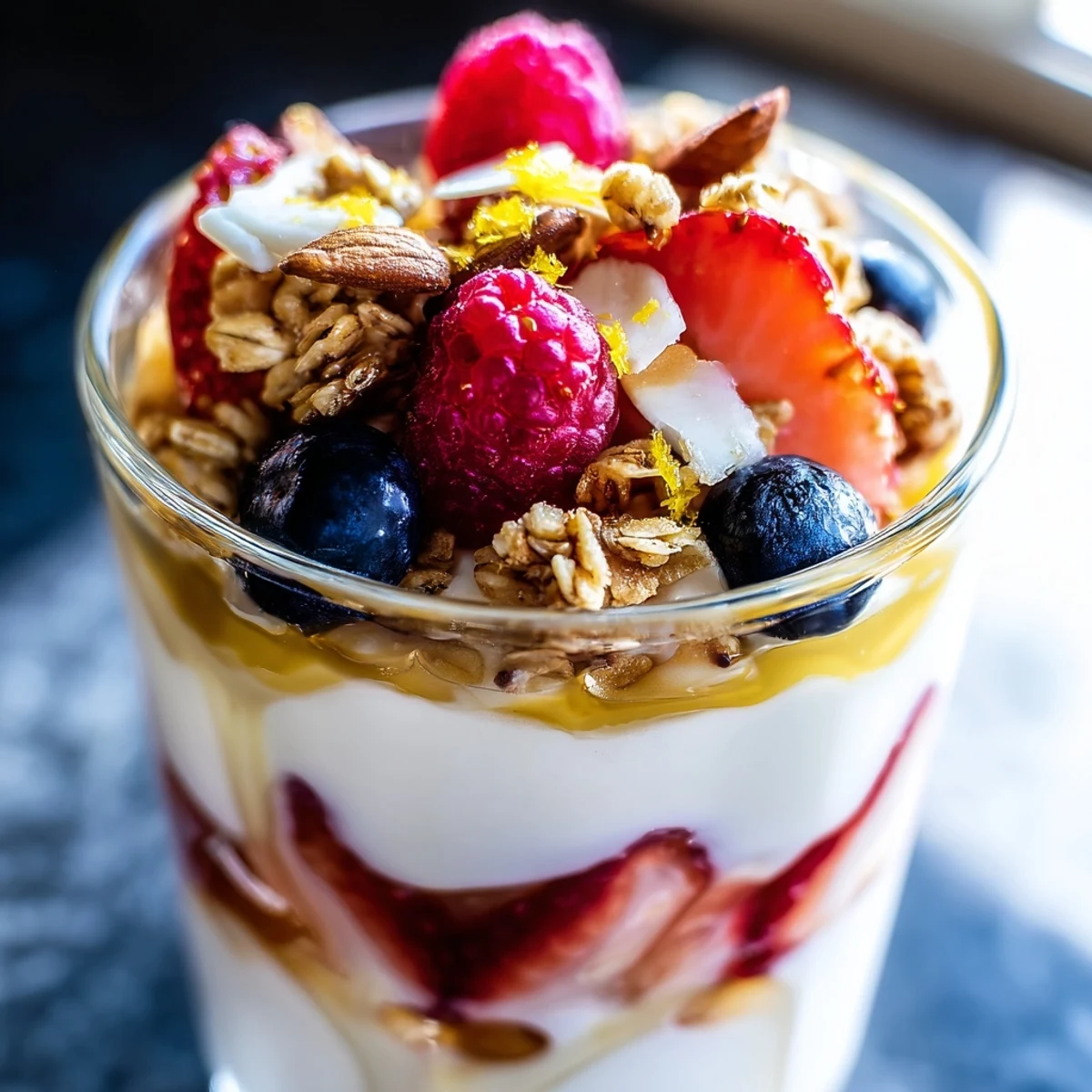 Creamy Greek yogurt parfait with vibrant berries and golden granola in a clear glass