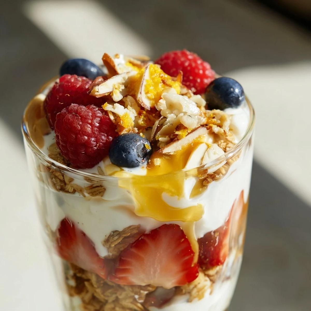 Greek yogurt parfait layered with fresh berries and honey drizzled granola