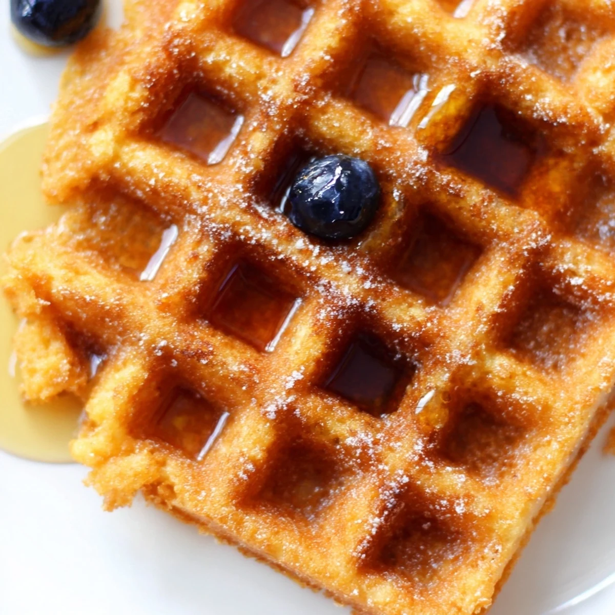 Golden crispy Greek yogurt waffles stacked on a white plate with maple syrup drizzle