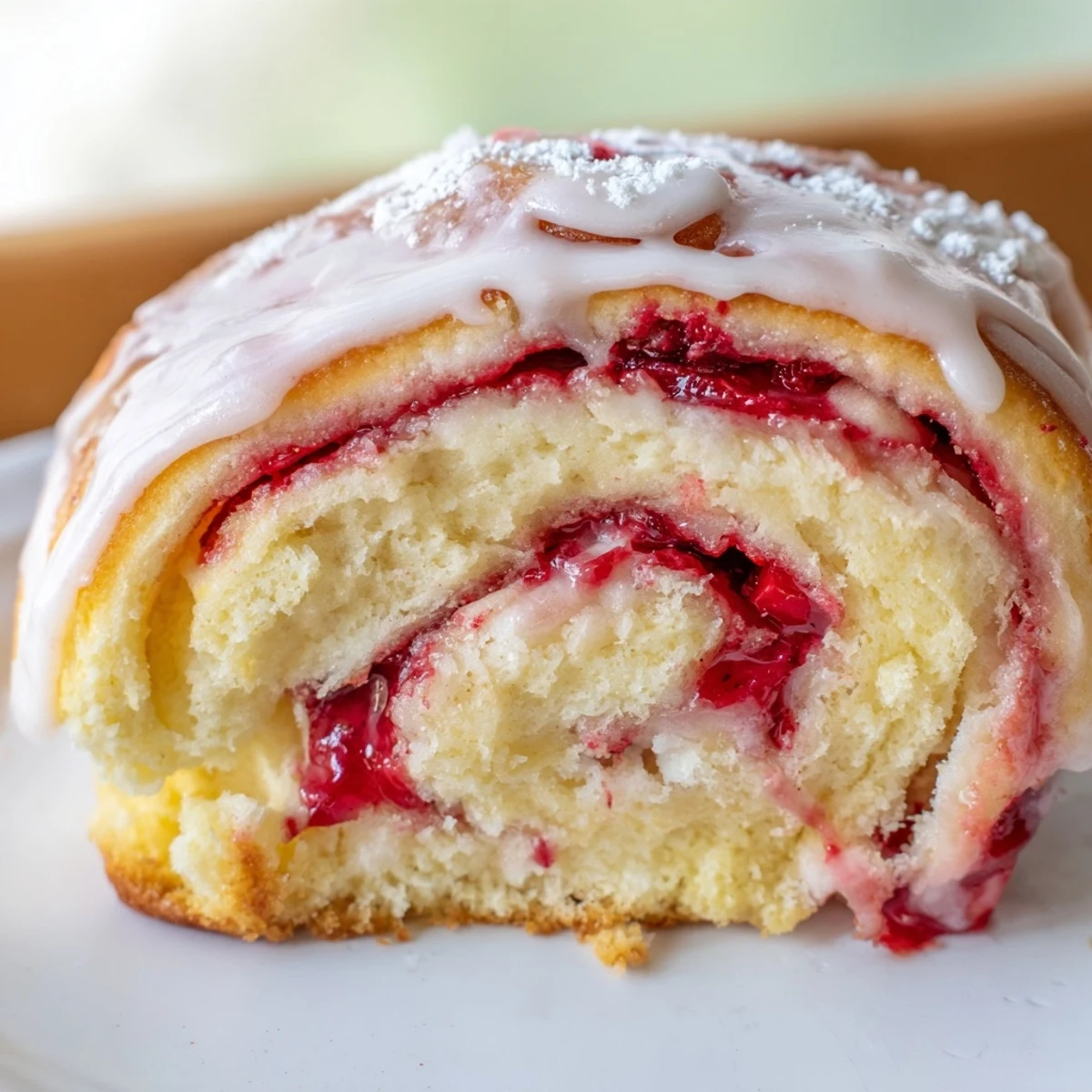 Golden Strawberry Shortcake Cheesecake Rolls drizzled with sweet vanilla glaze on rustic white plate