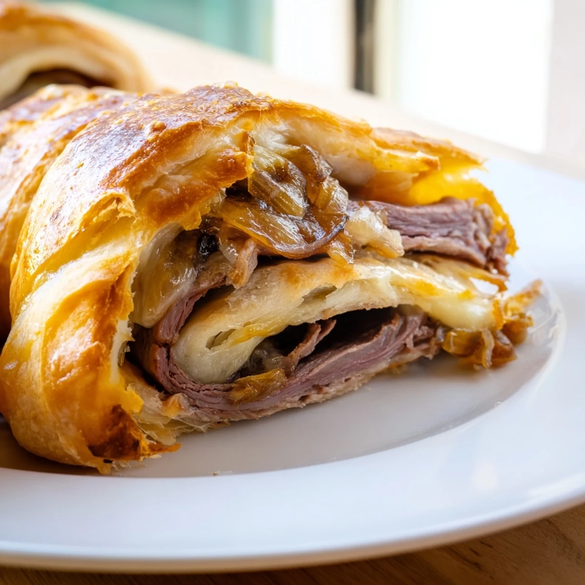 Beef and cheese French dip roll ups served hot with savory au jus dipping sauce