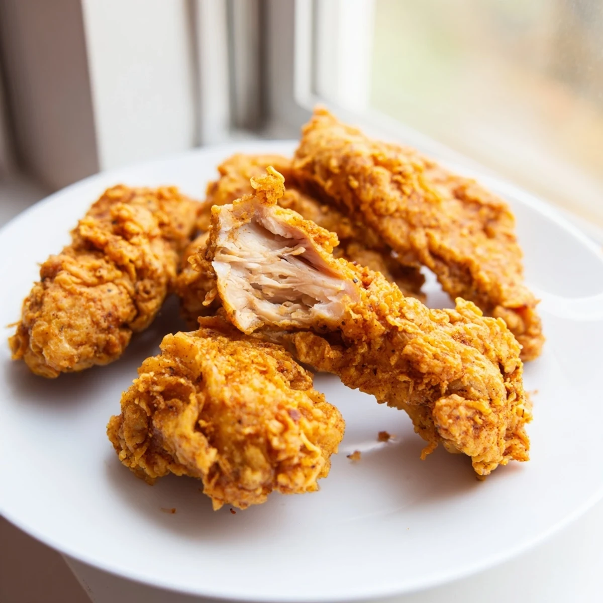 Crispy golden fried chicken pieces with crunchy coating served on a rustic wooden board
