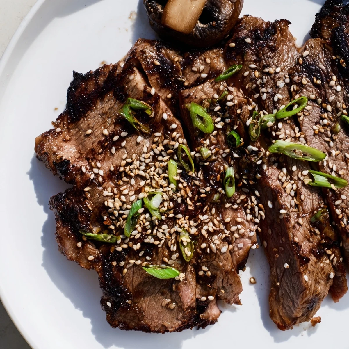 Caramelized Beef Yakiniku sizzling on a grill pan with colorful bell peppers and zucchini