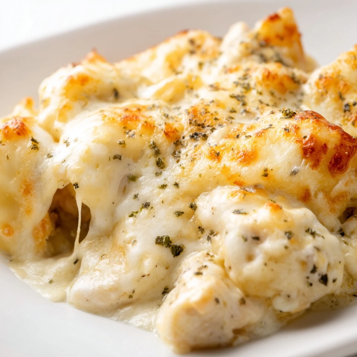 Golden bubbly chicken Alfredo baked ravioli casserole with melted mozzarella cheese on top