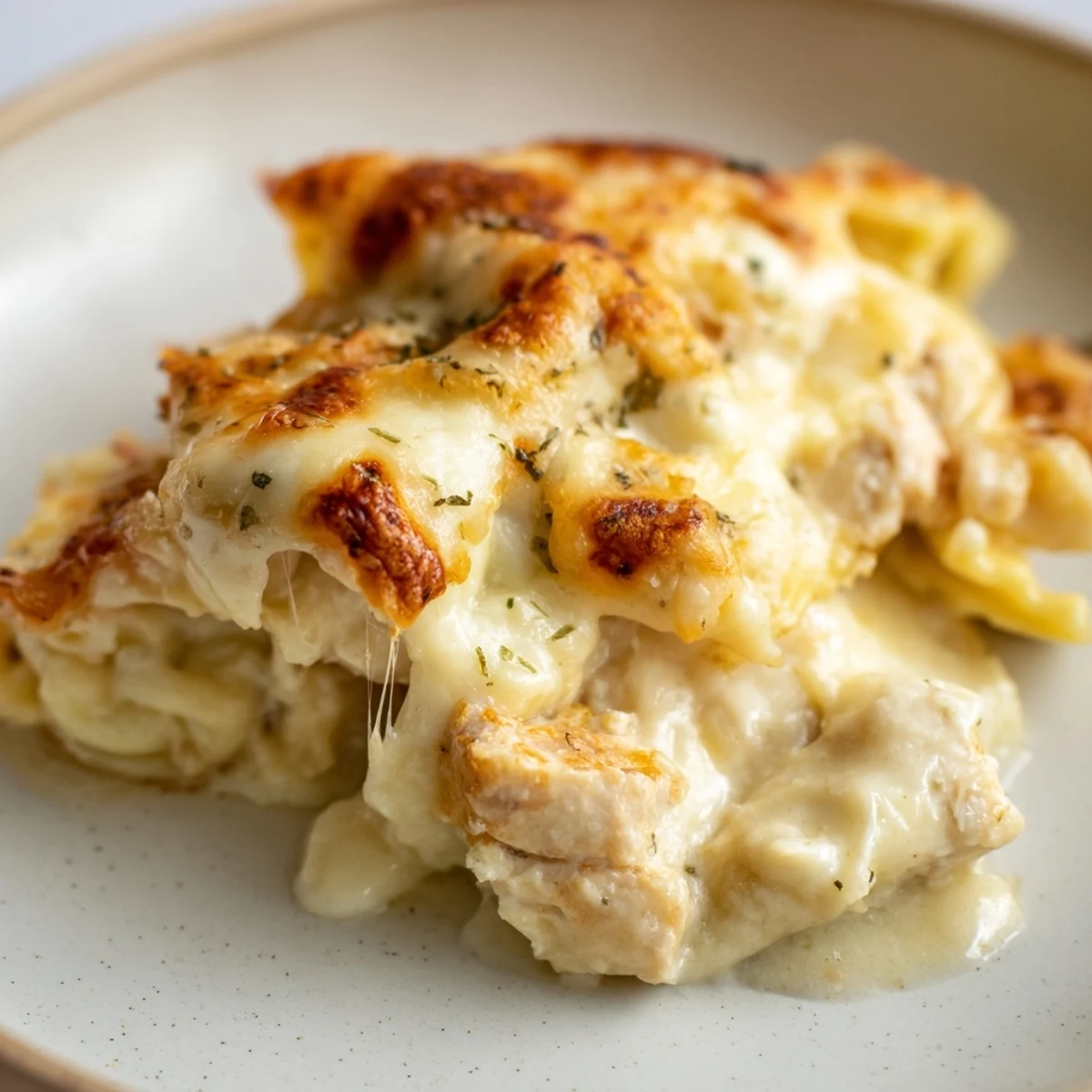 Creamy chicken Alfredo baked ravioli served in a white dish with parsley garnish