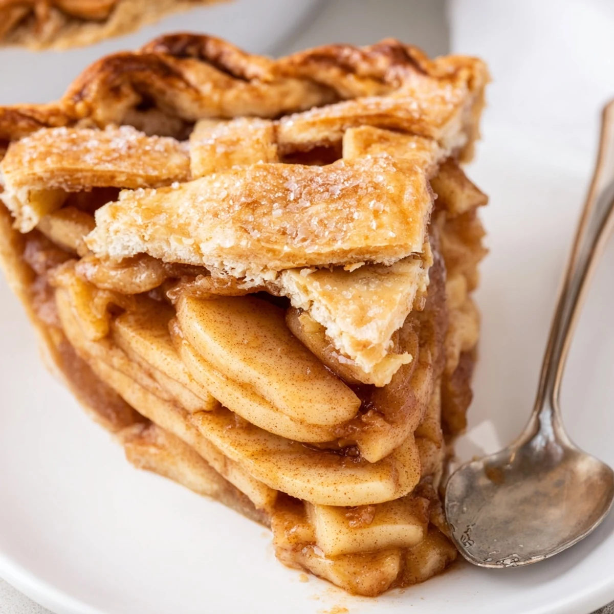 Warm apple pie slice served on white plate with melting vanilla ice cream
