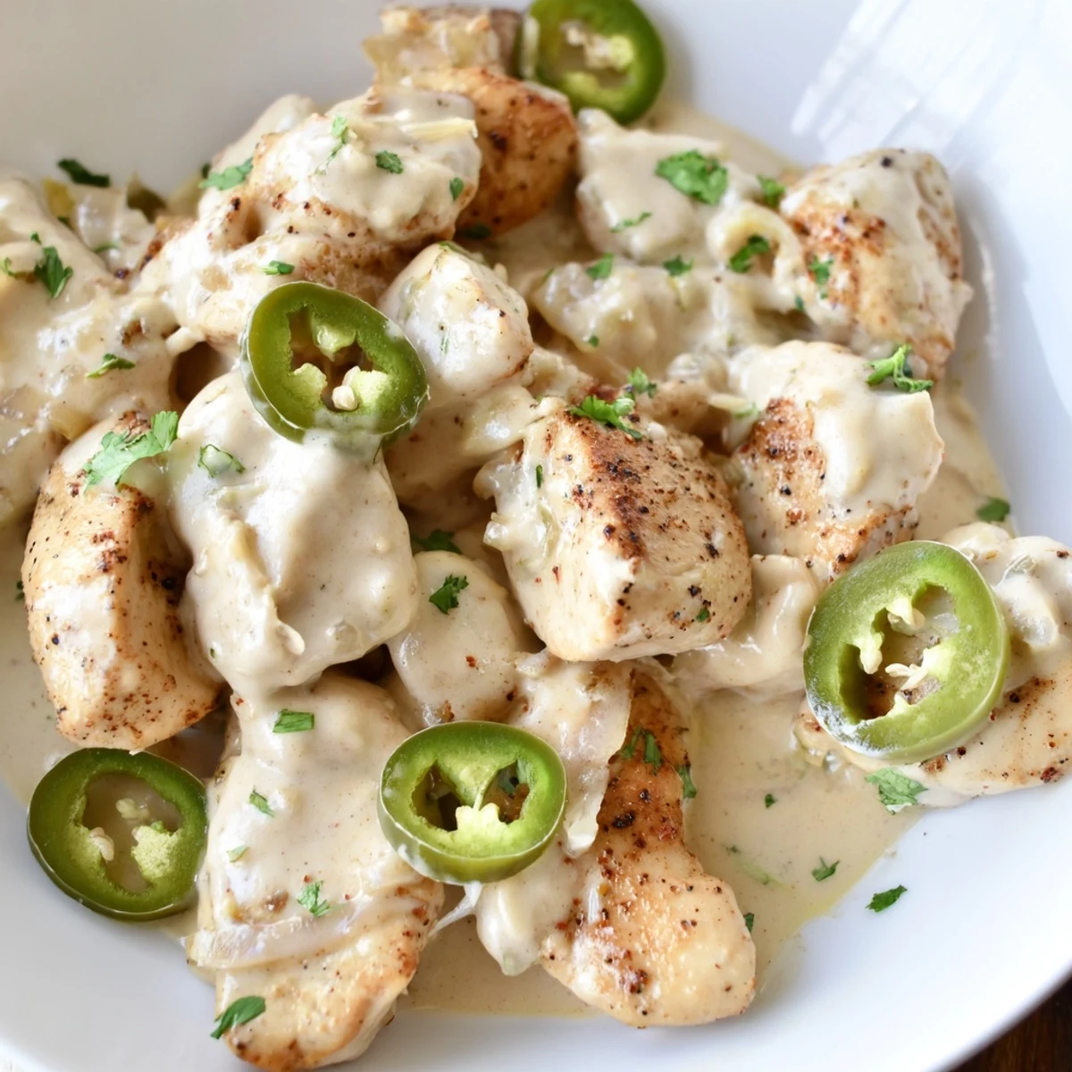 Creamy jalapeno chicken with golden seared breasts smothered in spicy melted cheese sauce
