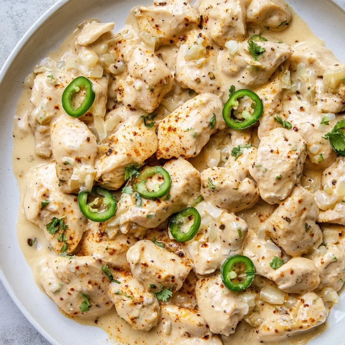 Jalapeno chicken breasts resting in a rich cream sauce topped with fresh cilantro