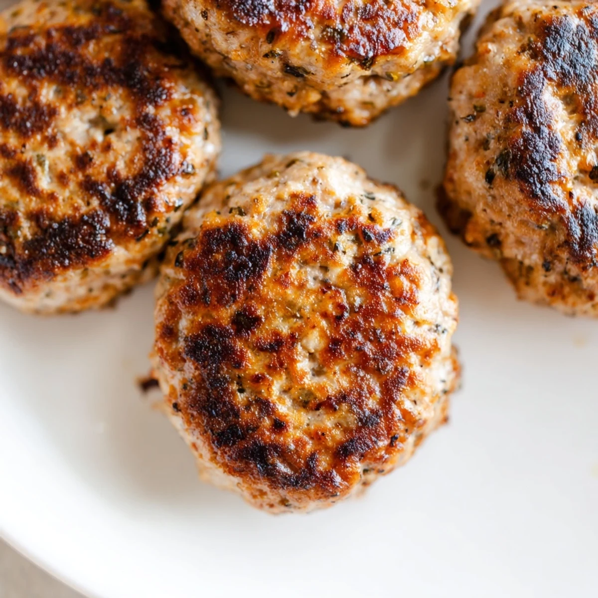 Golden brown ground turkey sausage patties sizzling in a cast iron skillet with herbs