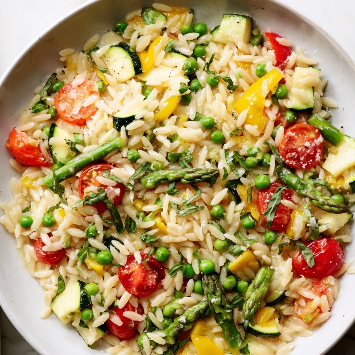 Orzo Primavera with colorful spring vegetables tossed in a light lemon Parmesan sauce