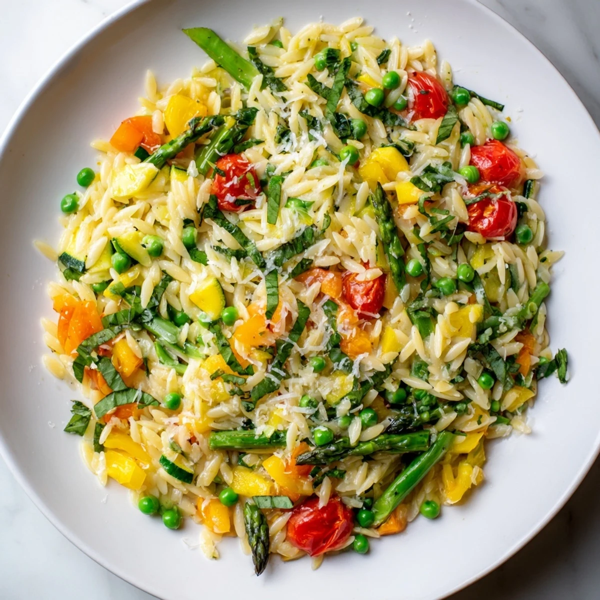 Creamy Orzo Primavera studded with tender asparagus peas and cherry tomatoes in skillet