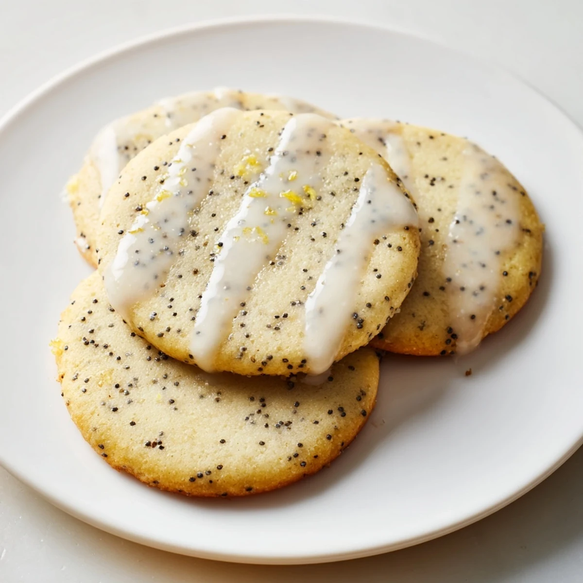 Golden lemon poppy seed cookies with speckled tops arranged on a rustic white baking sheet