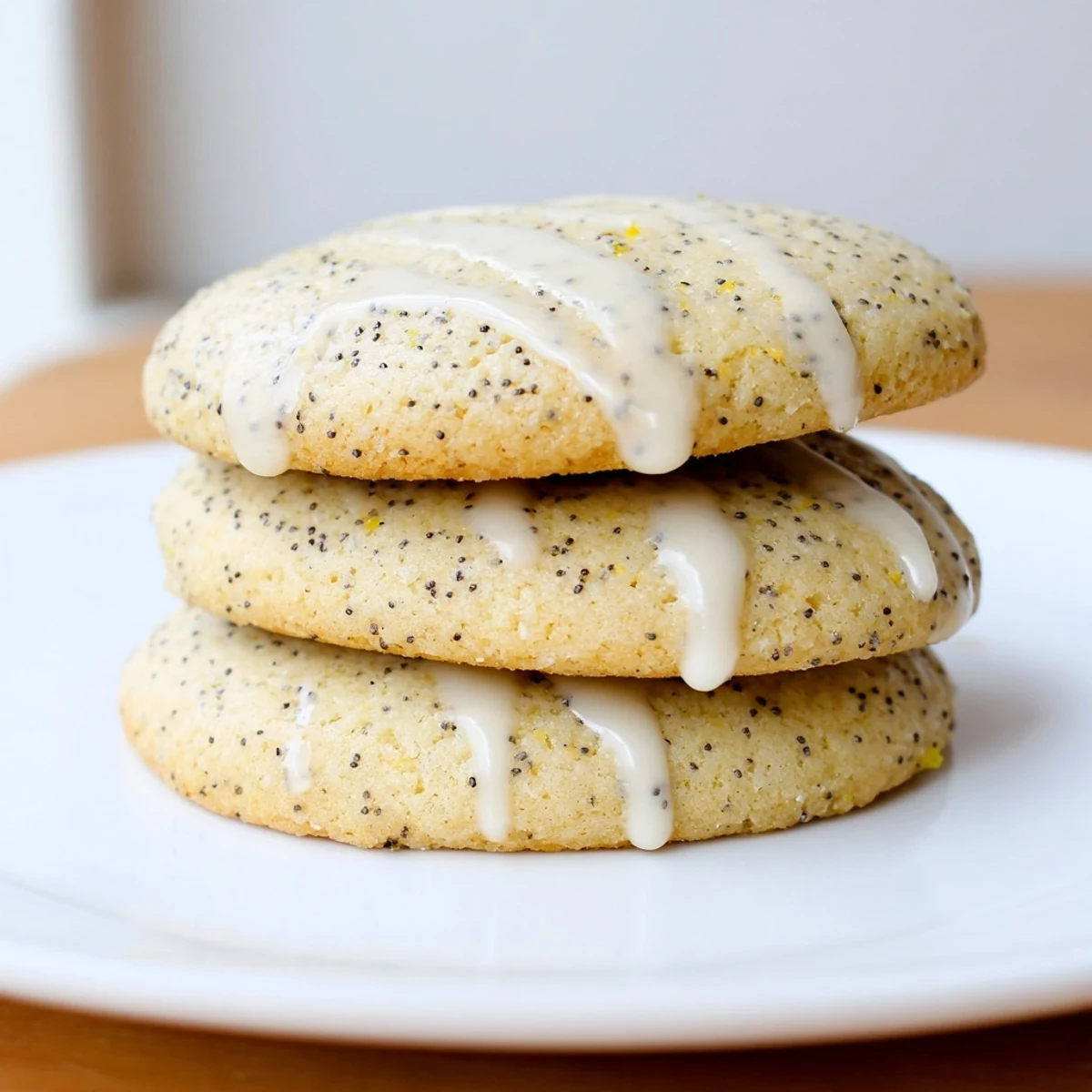 Chewy lemon poppy seed cookies drizzled with sweet citrus glaze on a cooling rack