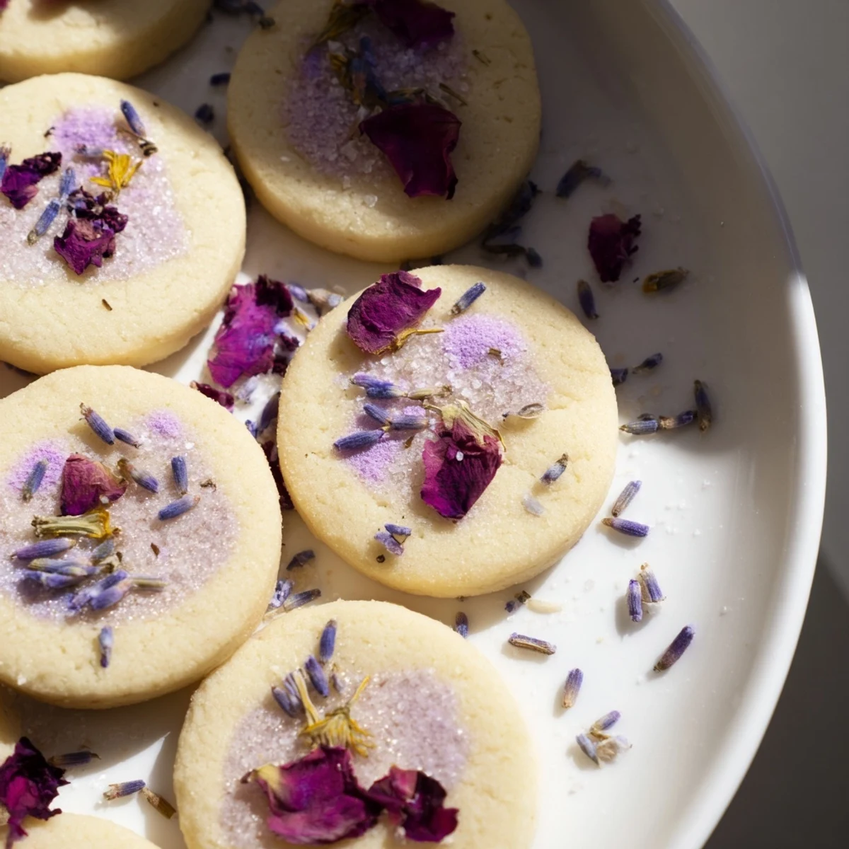 Spring Blossom Cookies topped with colorful edible flowers on a rustic white ceramic plate