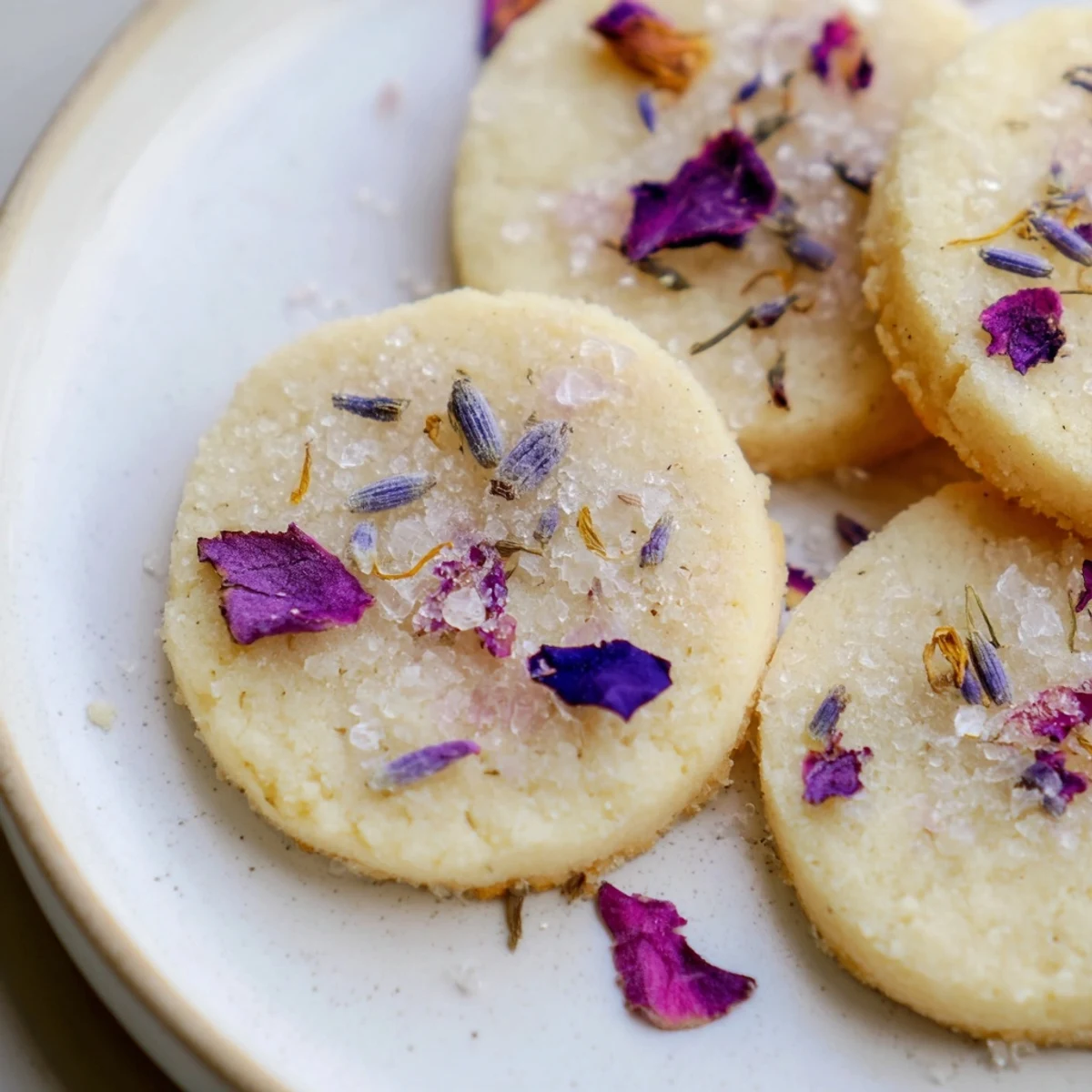 Golden buttery Spring Blossom Cookies arranged on parchment paper with delicate purple and pink blossoms