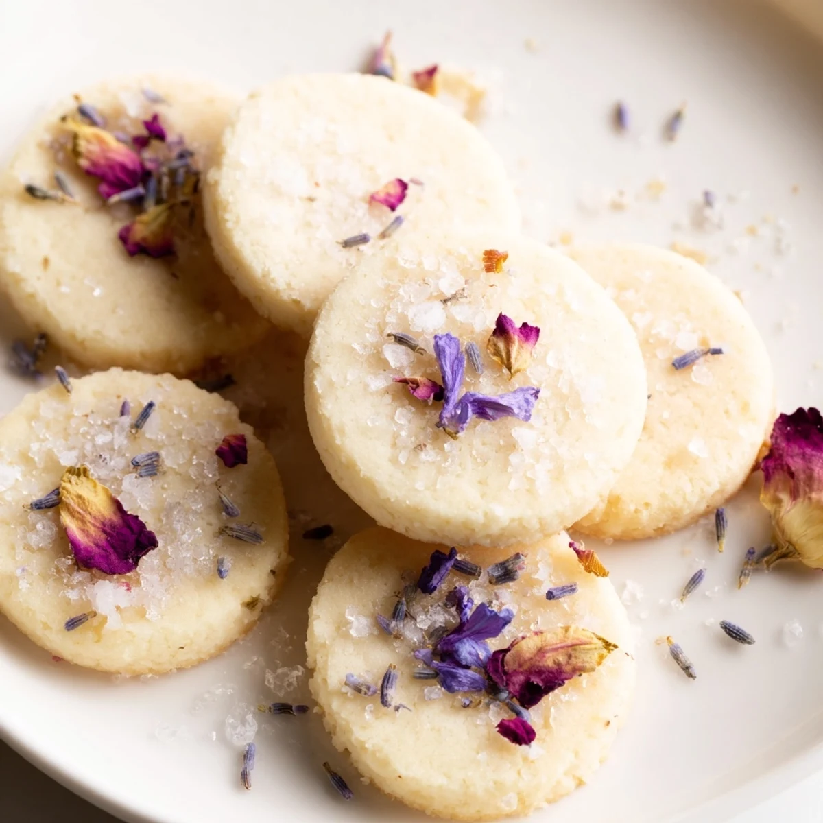 Spring Blossom Cookies displayed on a wire cooling rack with scattered edible flower petals nearby