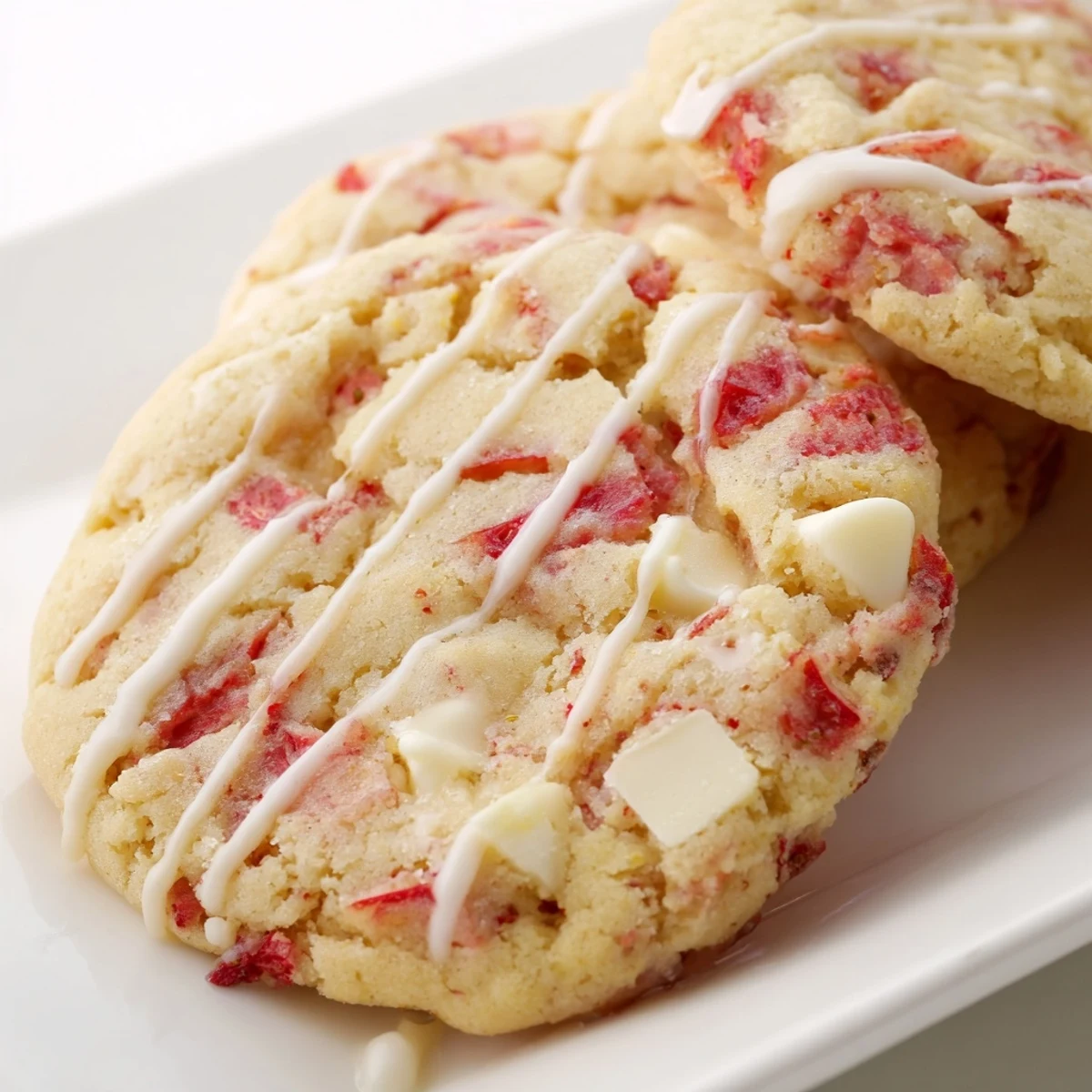 Soft strawberry lemonade cookies with pink flecks and drizzled white glaze on rustic bakeware