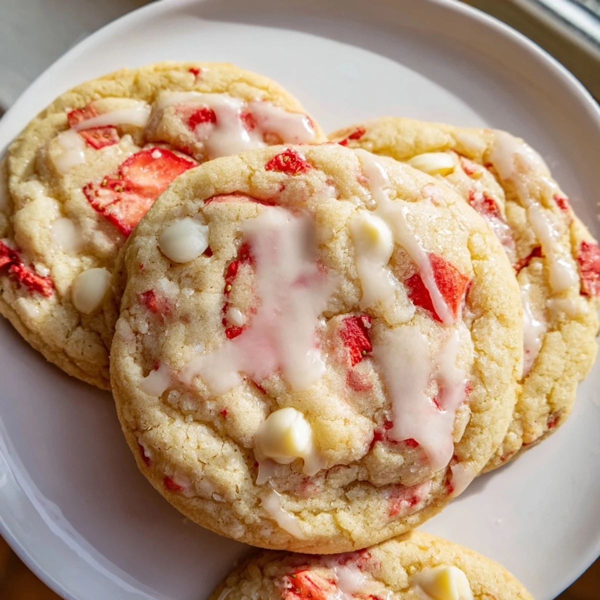 Chewy strawberry lemonade cookies topped with tangy citrus glaze and studded with white chocolate chips