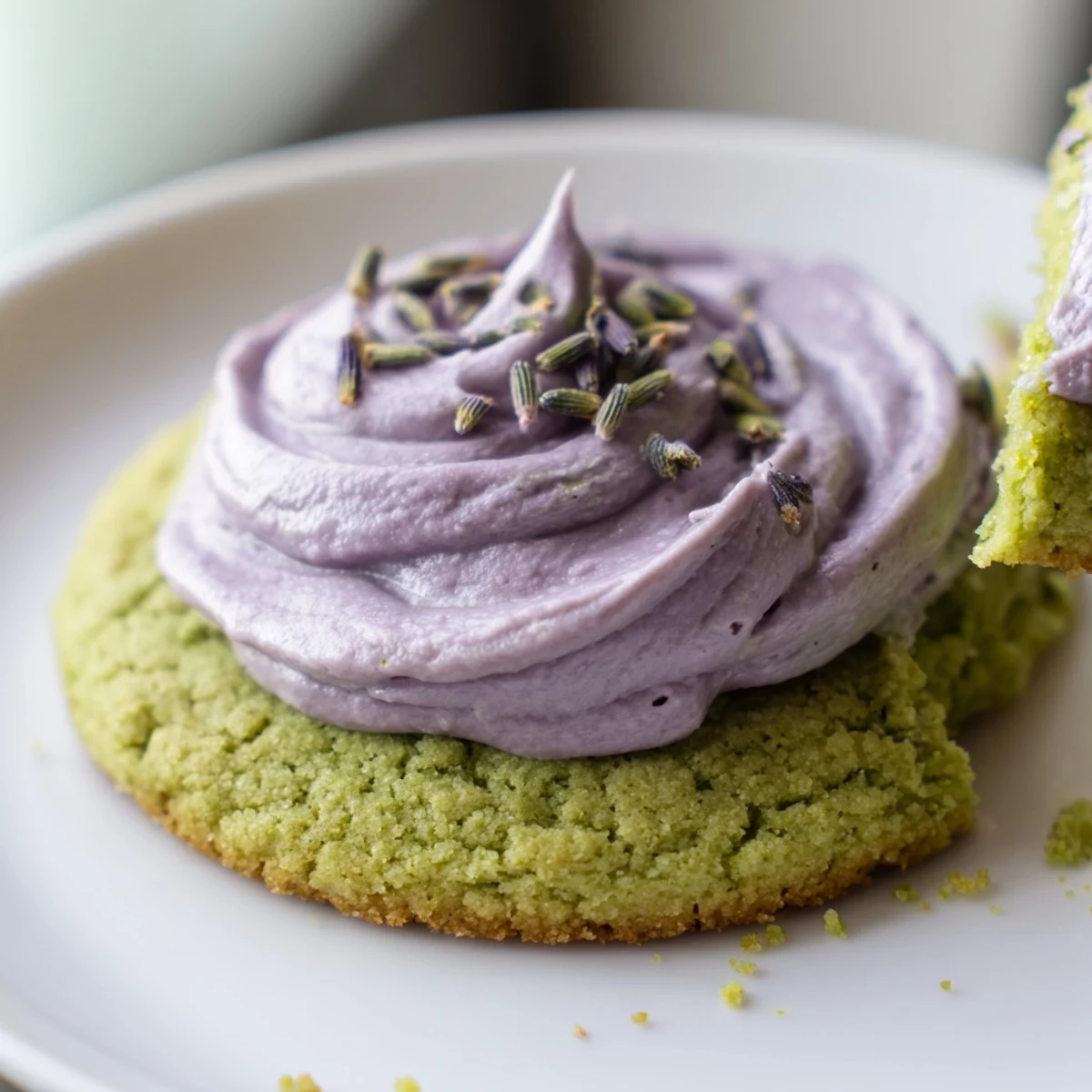 Soft green matcha sugar cookies with swirled lavender frosting on a rustic white plate