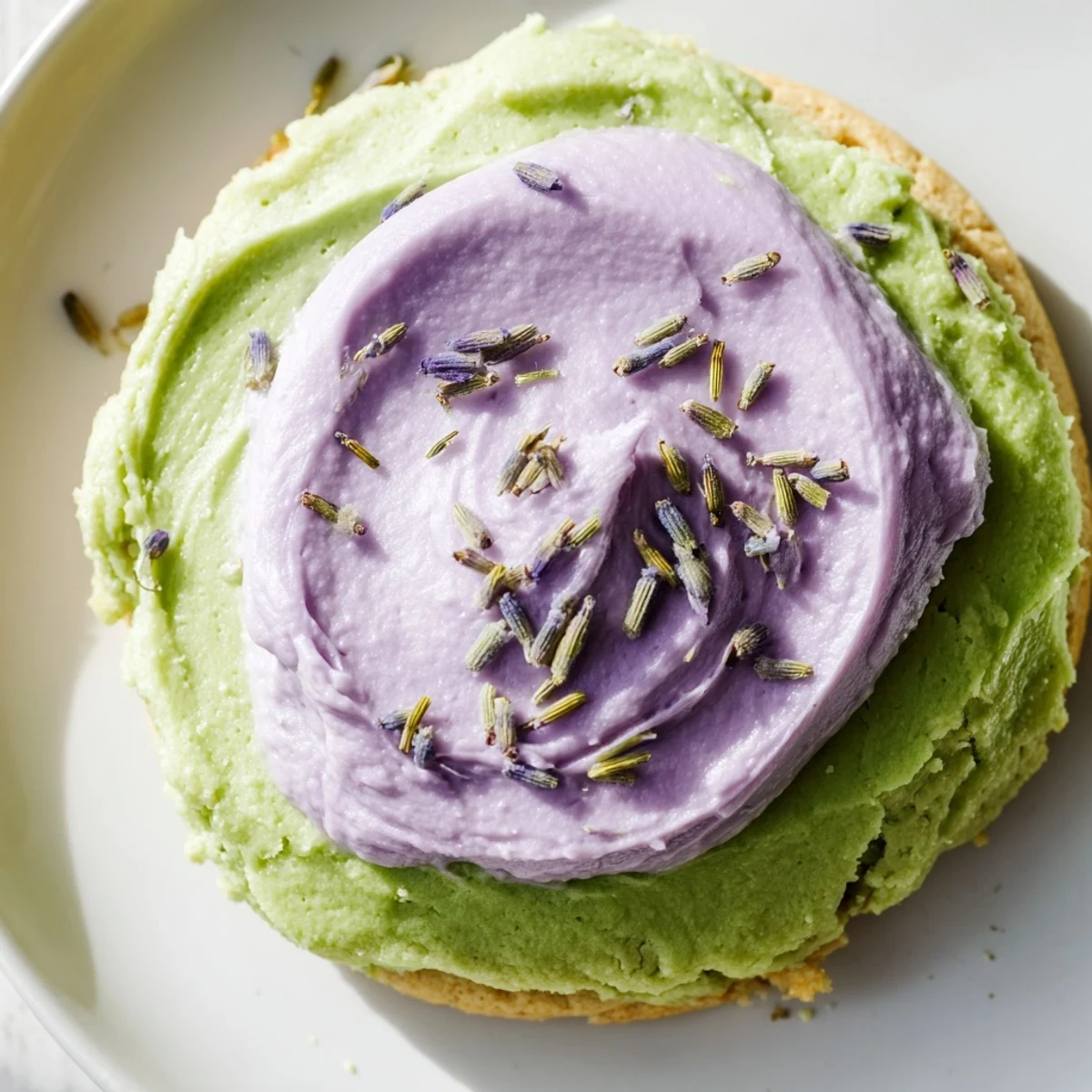Delicate matcha sugar cookies topped with creamy purple lavender buttercream and floral garnish