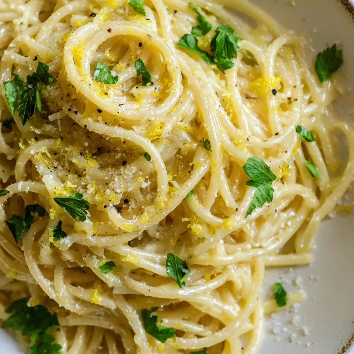 Creamy Parmesan lemon pasta tossed with butter and fresh herbs in a skillet