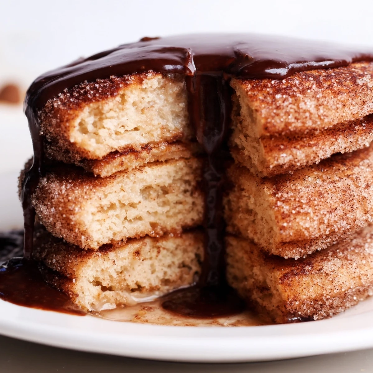 Golden Spanish Churro Pancakes stacked high with rich chocolate sauce drizzled generously on top