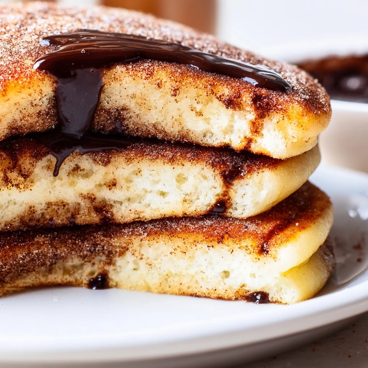 Fluffy Spanish Churro Pancakes dusted with cinnamon sugar served warm for a sweet breakfast treat