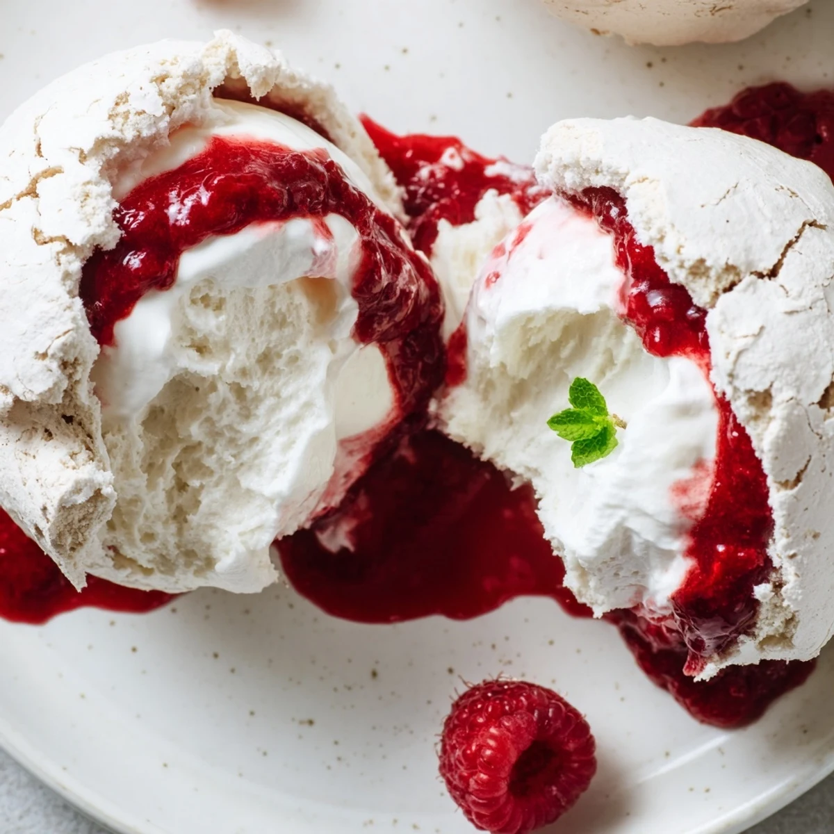 Crisp Pavlova bombs with billowy whipped cream and bright raspberry coulis drizzled on top