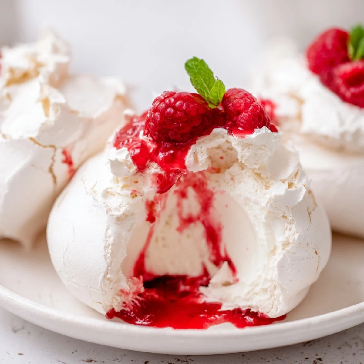 Golden meringue Pavlova bombs filled with cream and glossy red raspberry coulis sauce