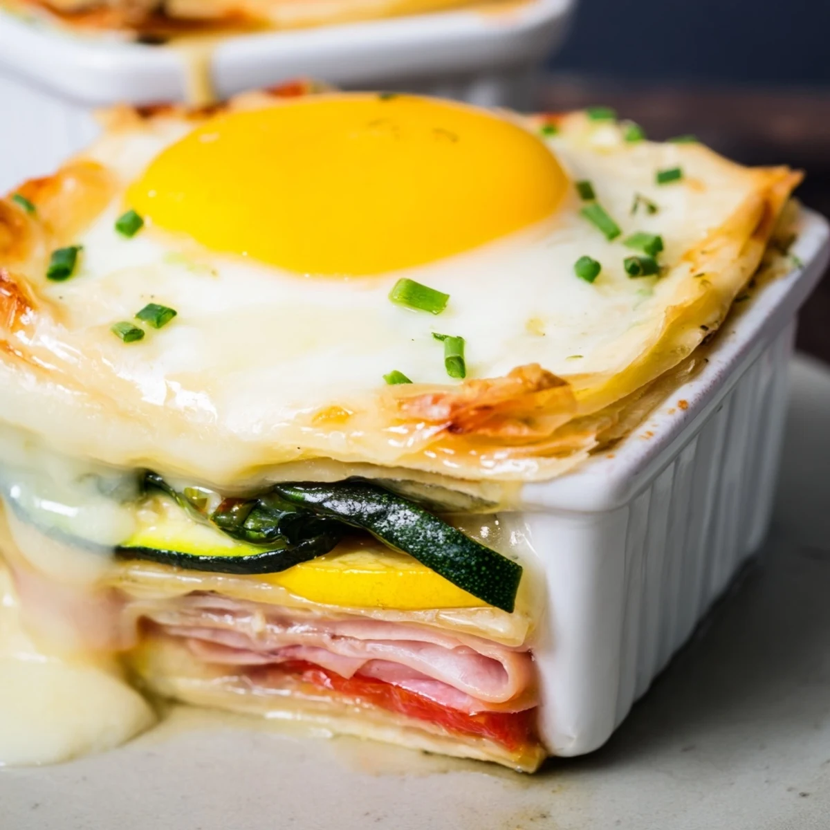 Golden baked eggs Napoleon with creamy Gruyère sauce in a white ramekin