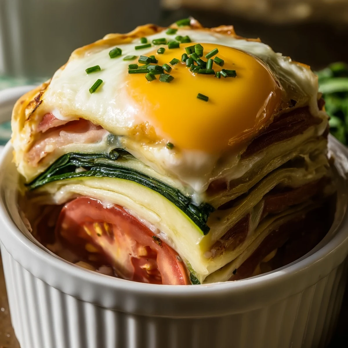 Baked eggs Napoleon layered with spinach ham and tender vegetables