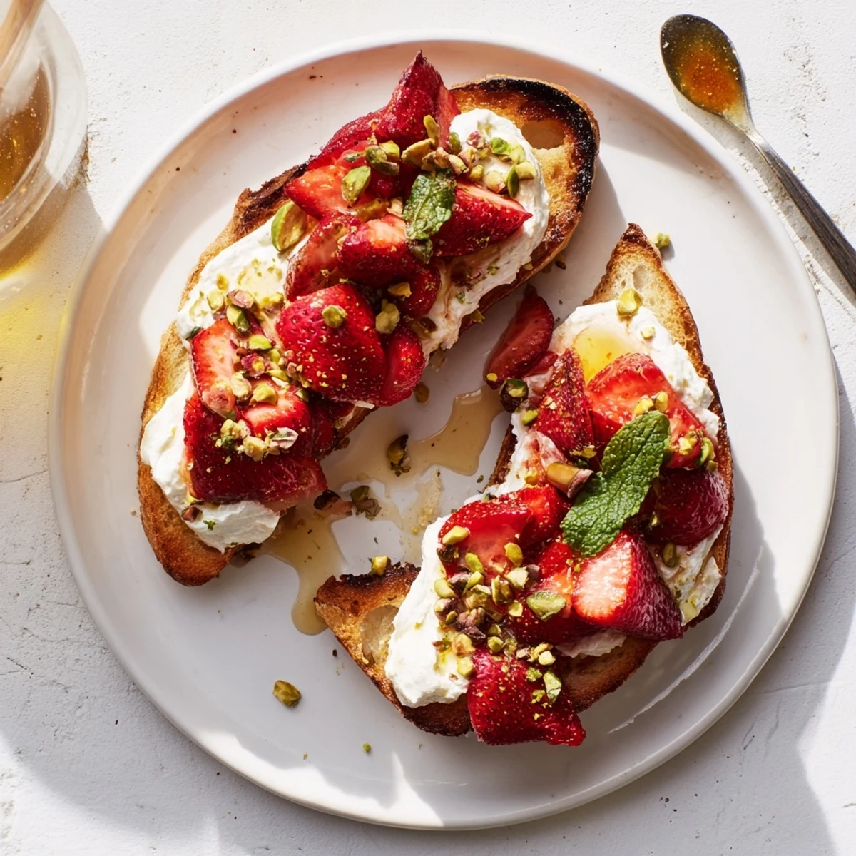 Crispy sourdough toast topped with fluffy whipped ricotta and ruby-red roasted strawberries