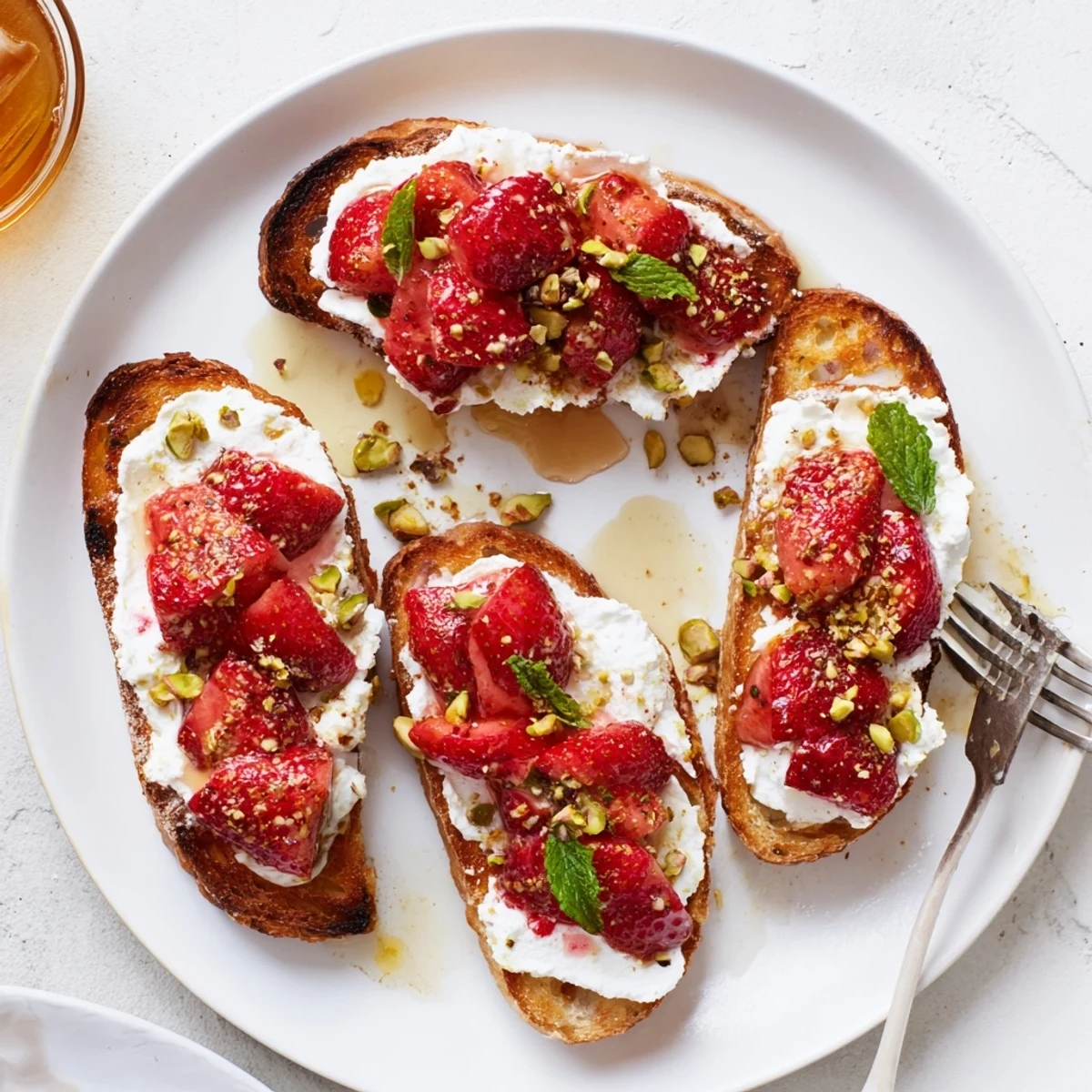 Creamy lemon-zest whipped ricotta spread on golden bread with sweet oven-roasted strawberry topping