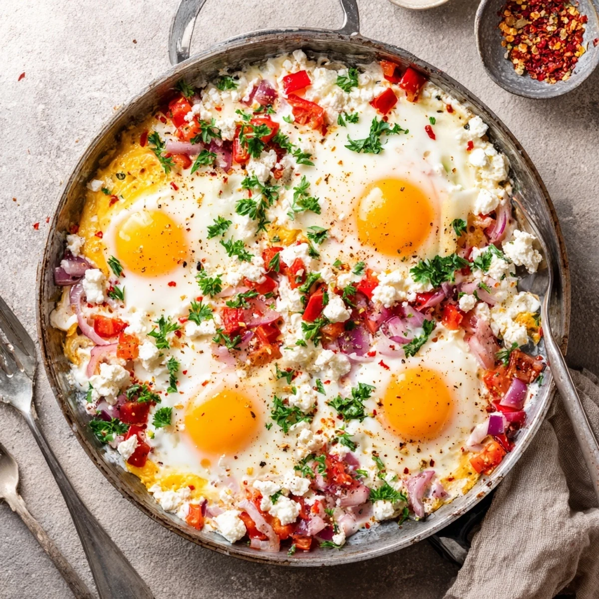 Creamy baked feta eggs with roasted tomatoes and herbs in a rustic cast iron skillet