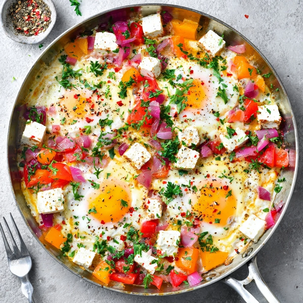 Golden baked feta eggs topped with fresh parsley and red pepper flakes
