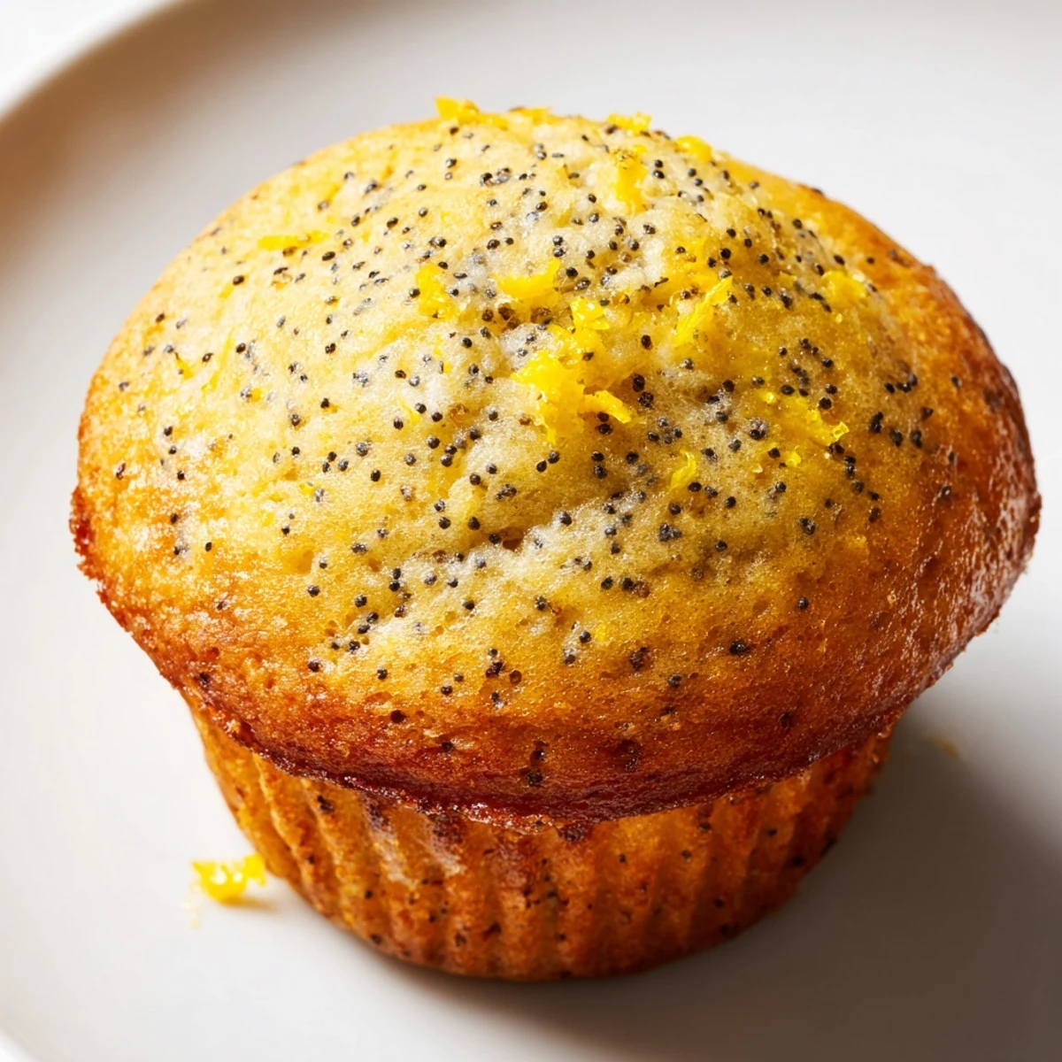 Moist lemon poppy seed muffins speckled with zest arranged on a rustic white ceramic plate