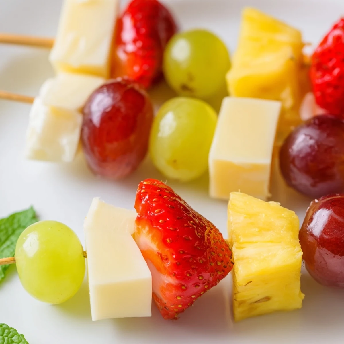 Colorful fruit and cheese kabobs arranged on platter with grapes strawberries pineapple and cubed cheddar
