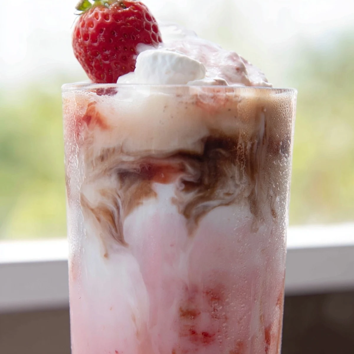Creamy strawberry cold latte in a tall glass with ice and fresh berry garnish
