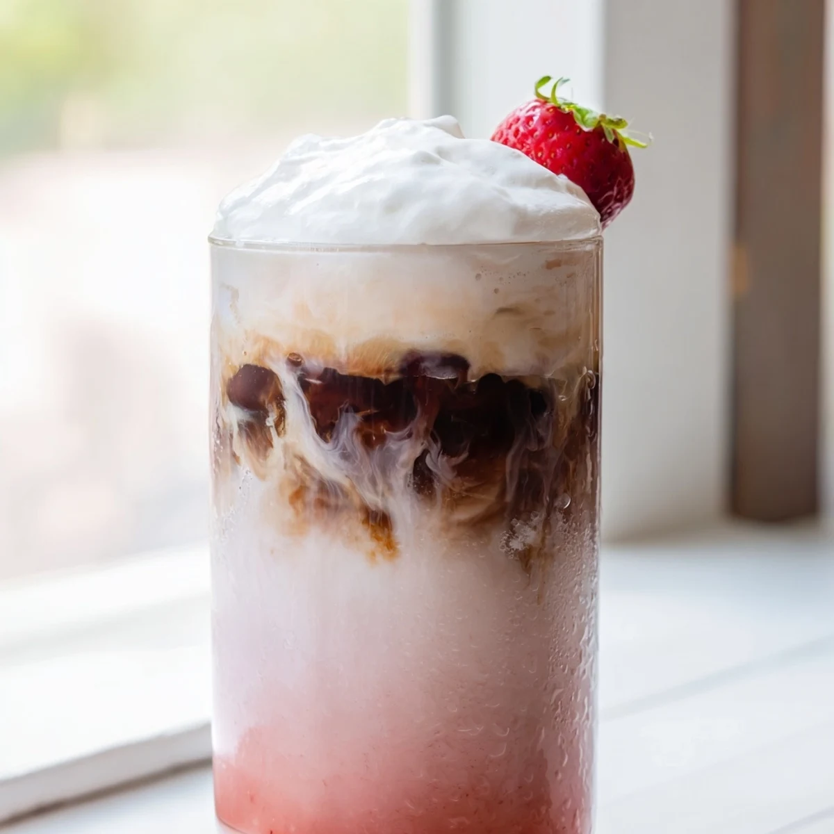 Refreshing strawberry cream cold latte with swirled coffee layers over ice cubes