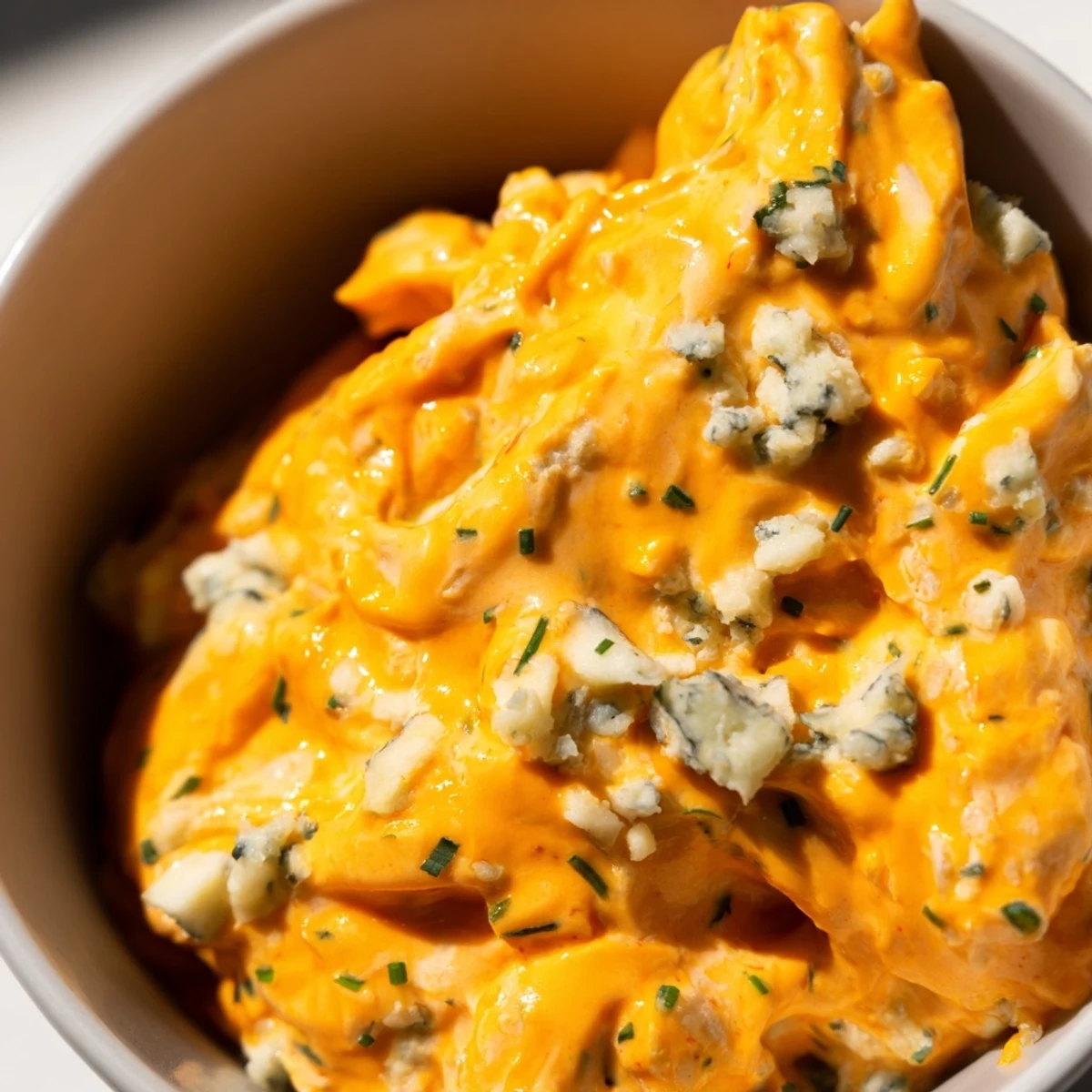 Tangy buffalo pickle dip topped with cheddar cheese and fresh chives in a rustic bowl