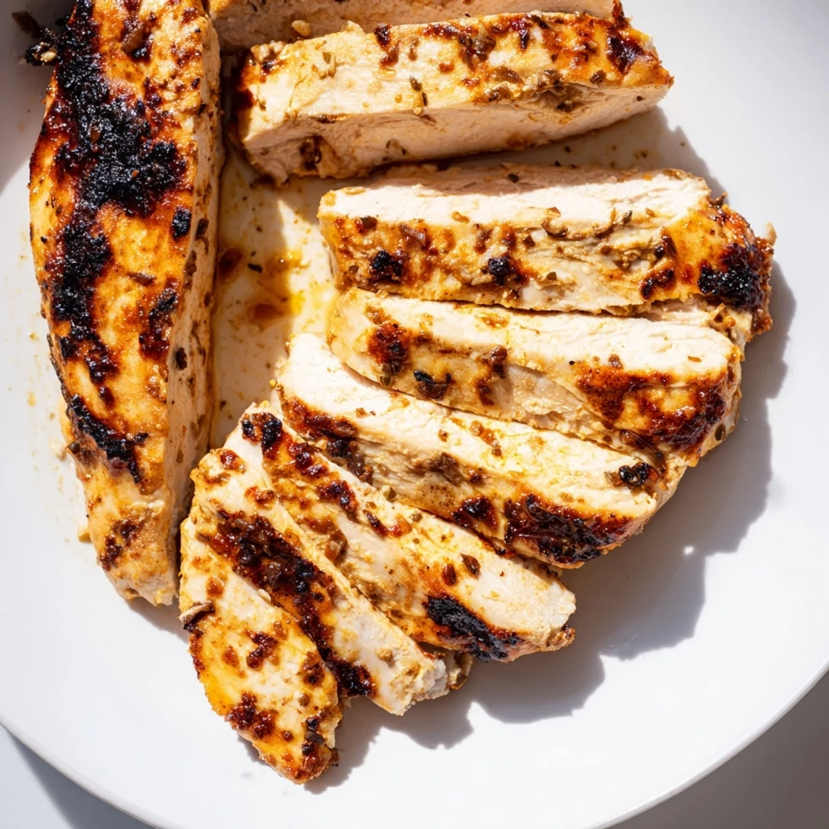 Golden grilled Greek yogurt marinated chicken with char marks and fresh herbs on a rustic plate