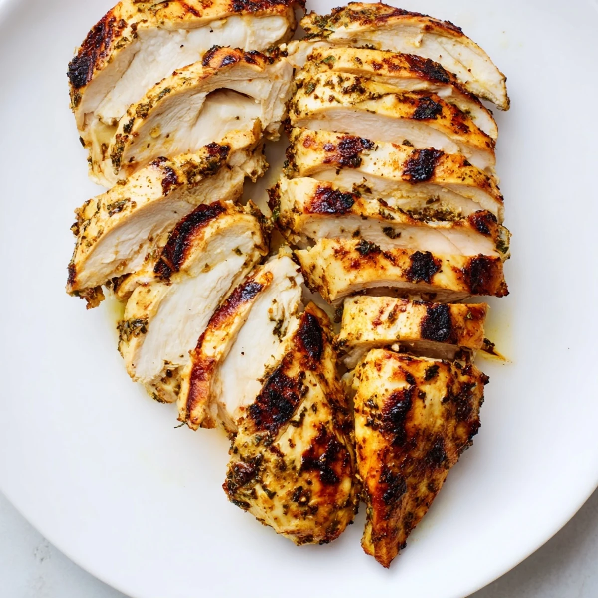 Juicy Greek yogurt marinated chicken sliced open showing tender texture with lemon wedges and parsley