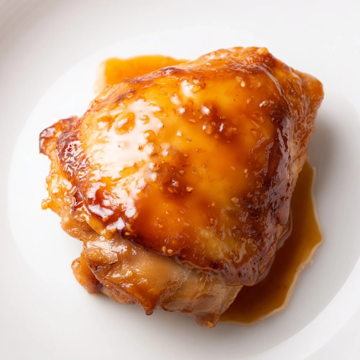 Golden glazed chicken thighs with herb rice and crispy roasted potatoes on a white plate
