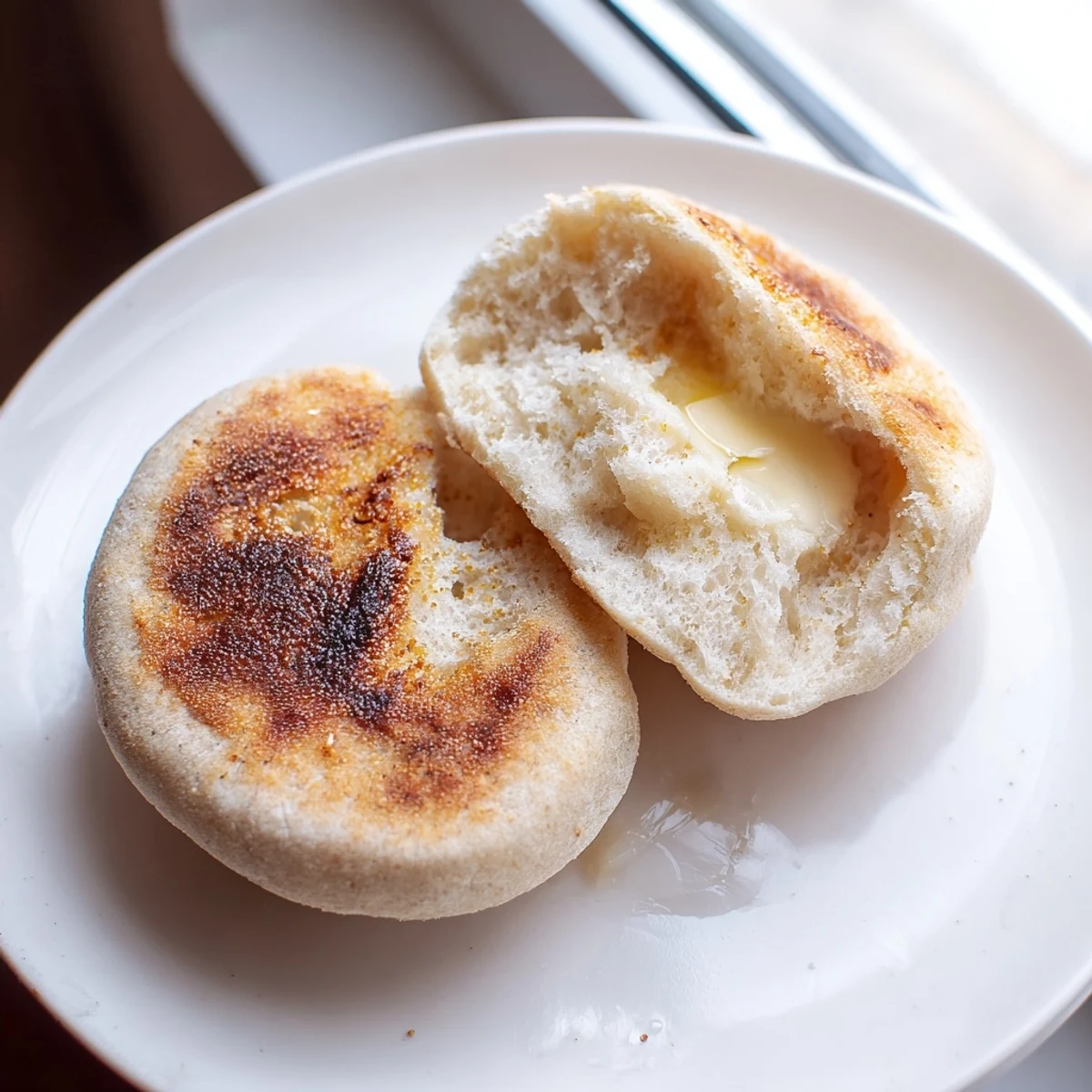 Golden brown homemade English muffins dusted with cornmeal cooling on a wire rack