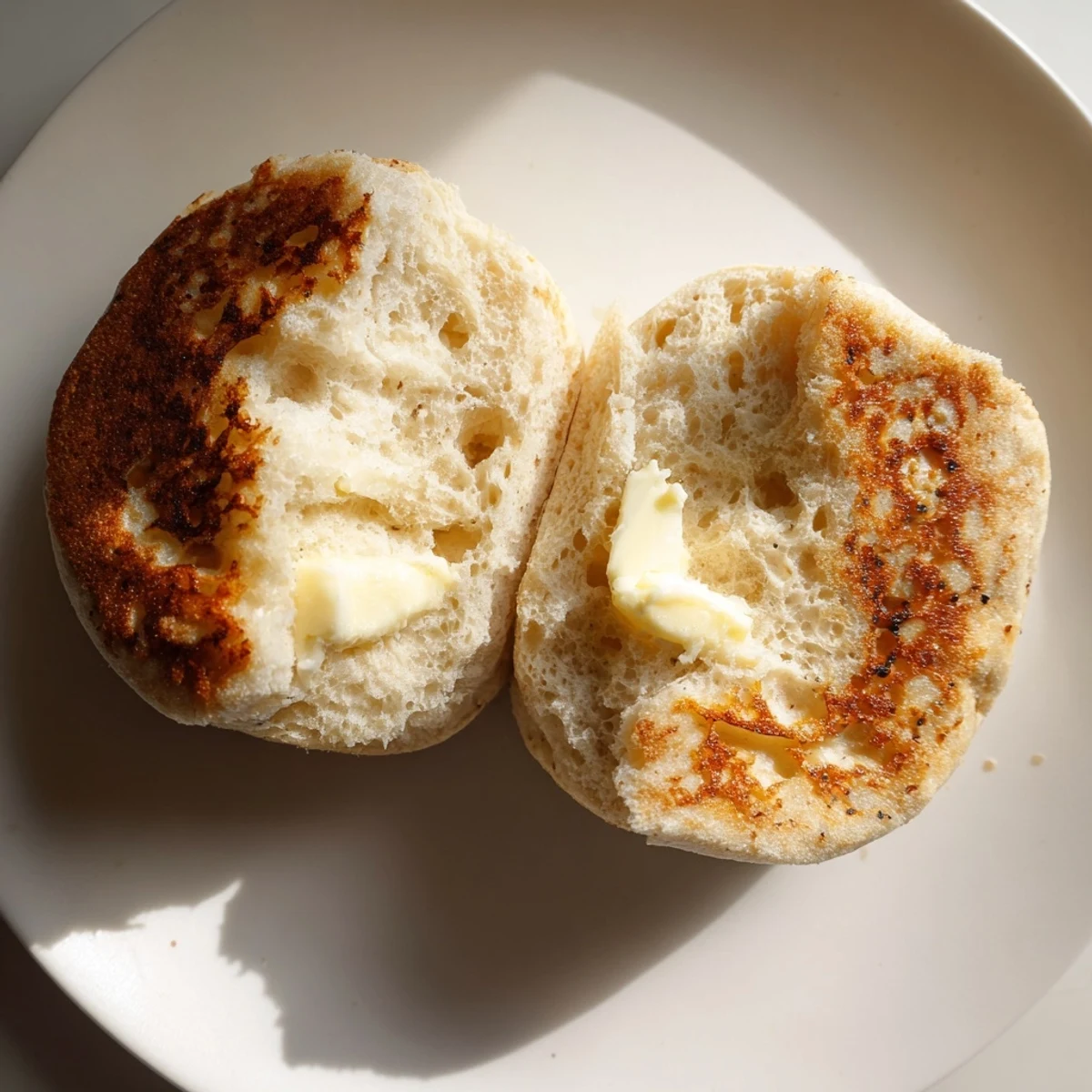 Homemade English muffins split open showing nooks and crannies ready for butter